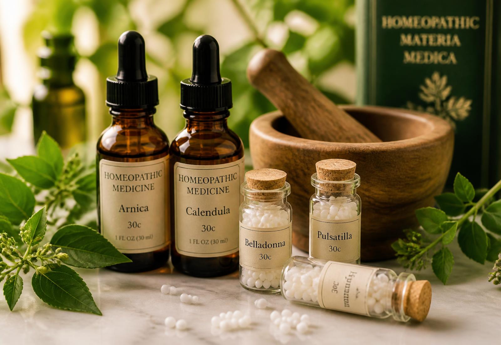 Homeopathic dropper bottles, pellet vials and a mortar and pestle